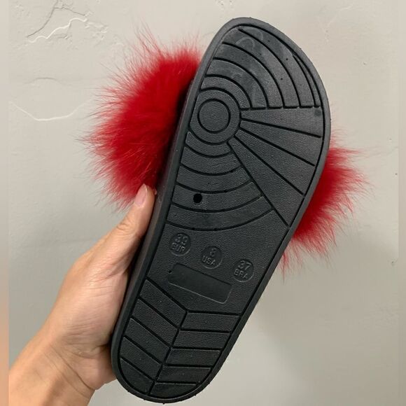 Handmade Red Fluffy Genuine Fox Fur Slippers, Soft Slide - Picture 11 of 12